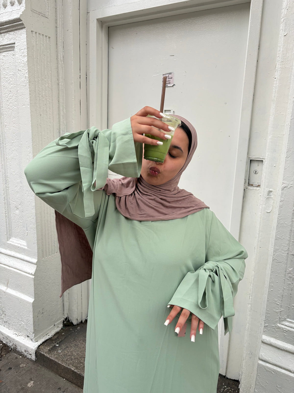 Sage Green Tie-Cuff Maxi Everyday Abaya Dress