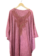 Modify Thrift mauve pink jacquard kaftan with intricate gold and rose beaded neckline and flowing kimono sleeves.