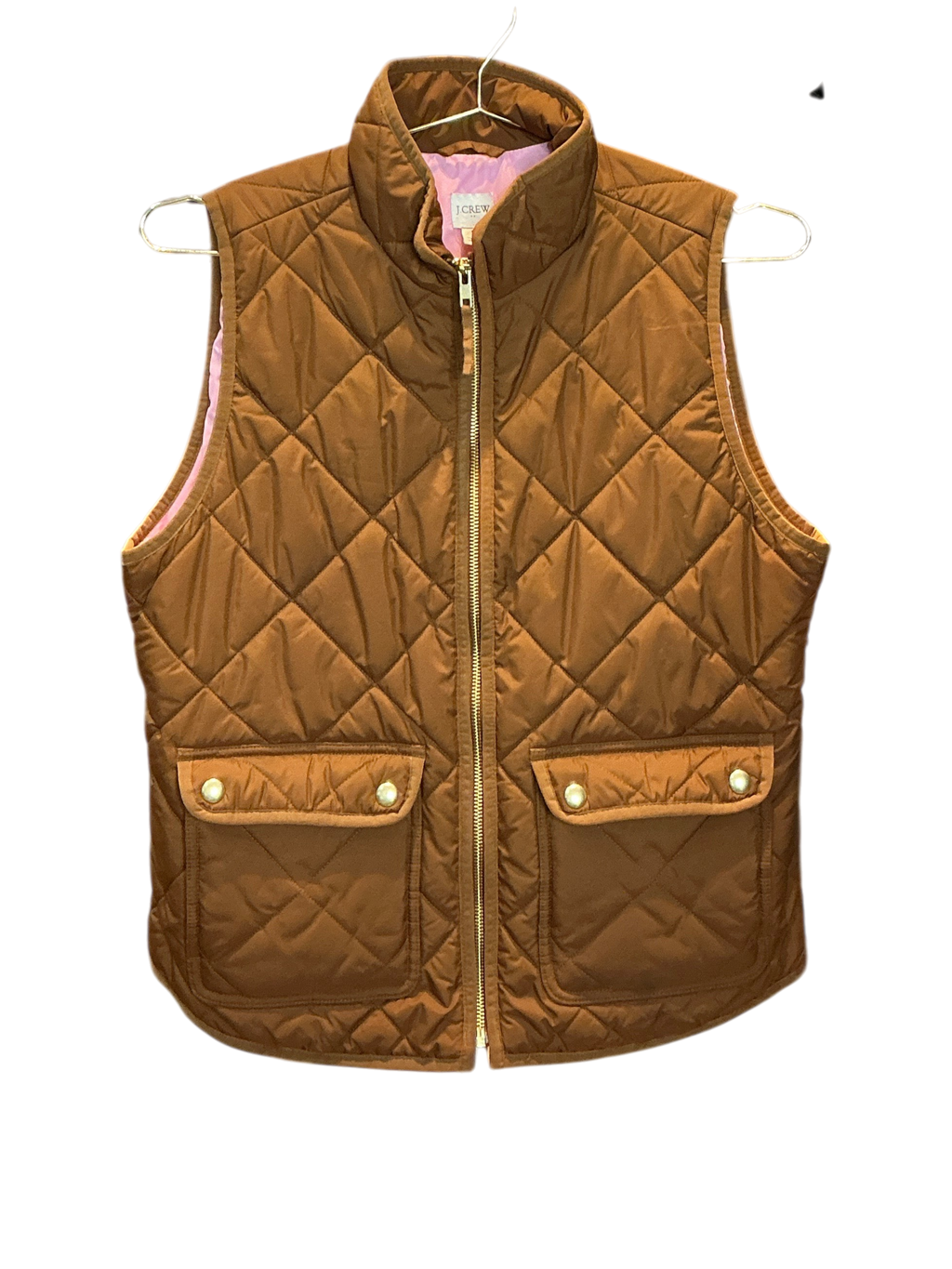 Modify Thrift J.Crew diamond quilted excursion vest in camel brown with gold hardware and light pink interior lining.