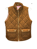 Modify Thrift J.Crew diamond quilted excursion vest in camel brown with gold hardware and light pink interior lining.
