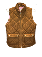 Modify Thrift J.Crew diamond quilted excursion vest in camel brown with gold hardware and light pink interior lining.