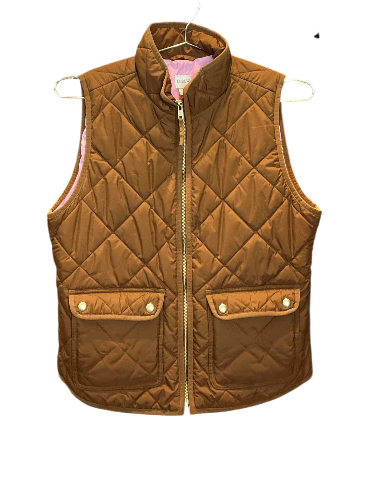 Modify Thrift J.Crew diamond quilted excursion vest in camel brown with gold hardware and light pink interior lining.
