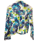 Back view of a Modify Thrift Dressbarn floral trucker jacket with blue, teal, and green flowers on a white background.