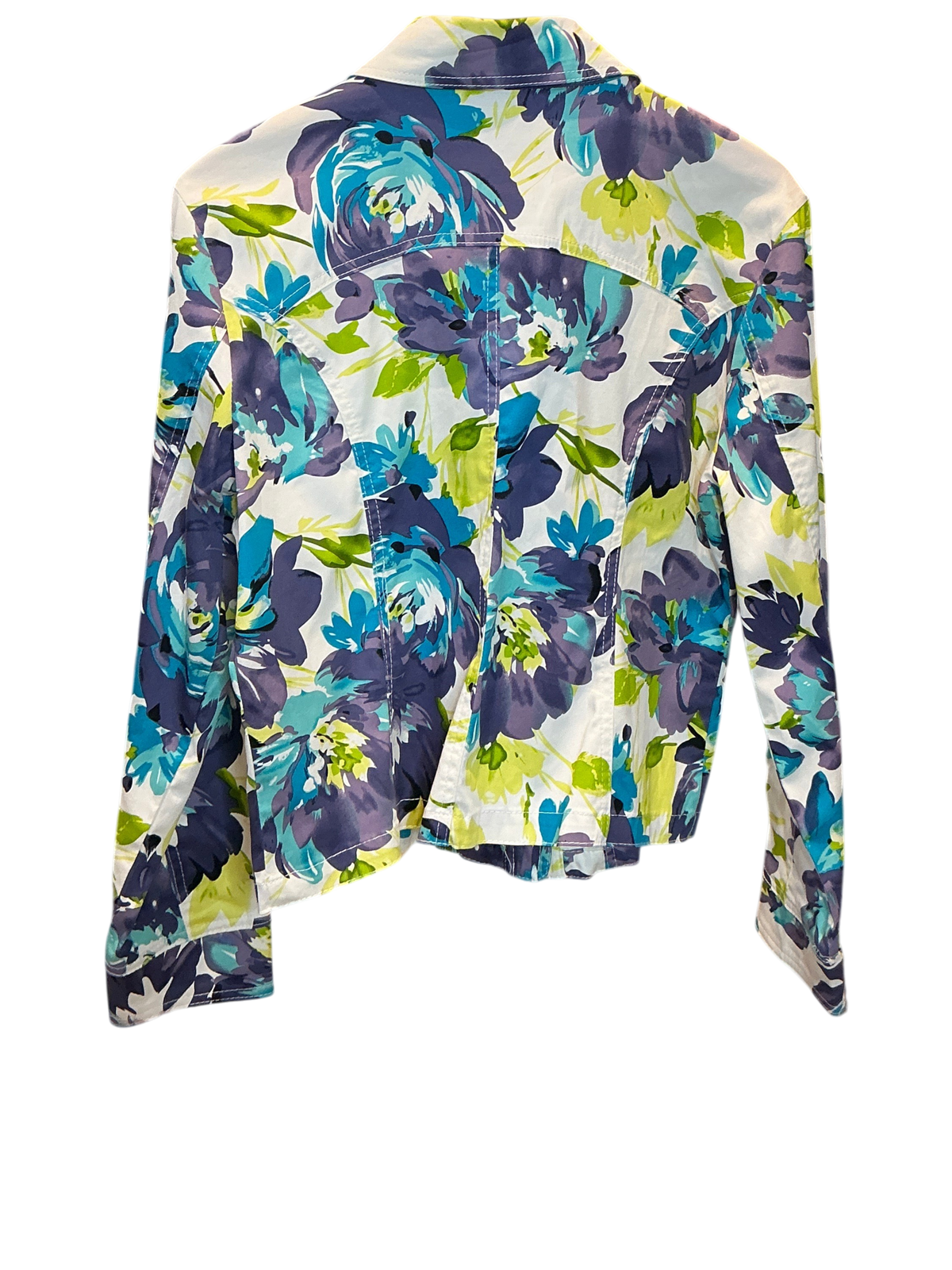 Back view of a Modify Thrift Dressbarn floral trucker jacket with blue, teal, and green flowers on a white background.