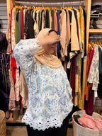 Floral Print Pintuck Lace-Trim Tunic Blouse