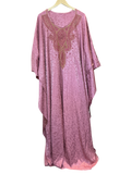 Modify Thrift mauve pink jacquard kaftan with gold and rose beaded neckline and flowing kimono sleeves