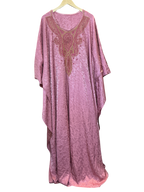 Modify Thrift mauve pink jacquard kaftan with gold and rose beaded neckline and flowing kimono sleeves