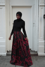 Black Long Sleeve Maxi Dress with Red Floral Silk Skirt