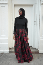 Black Long Sleeve Maxi Dress with Red Floral Silk Skirt