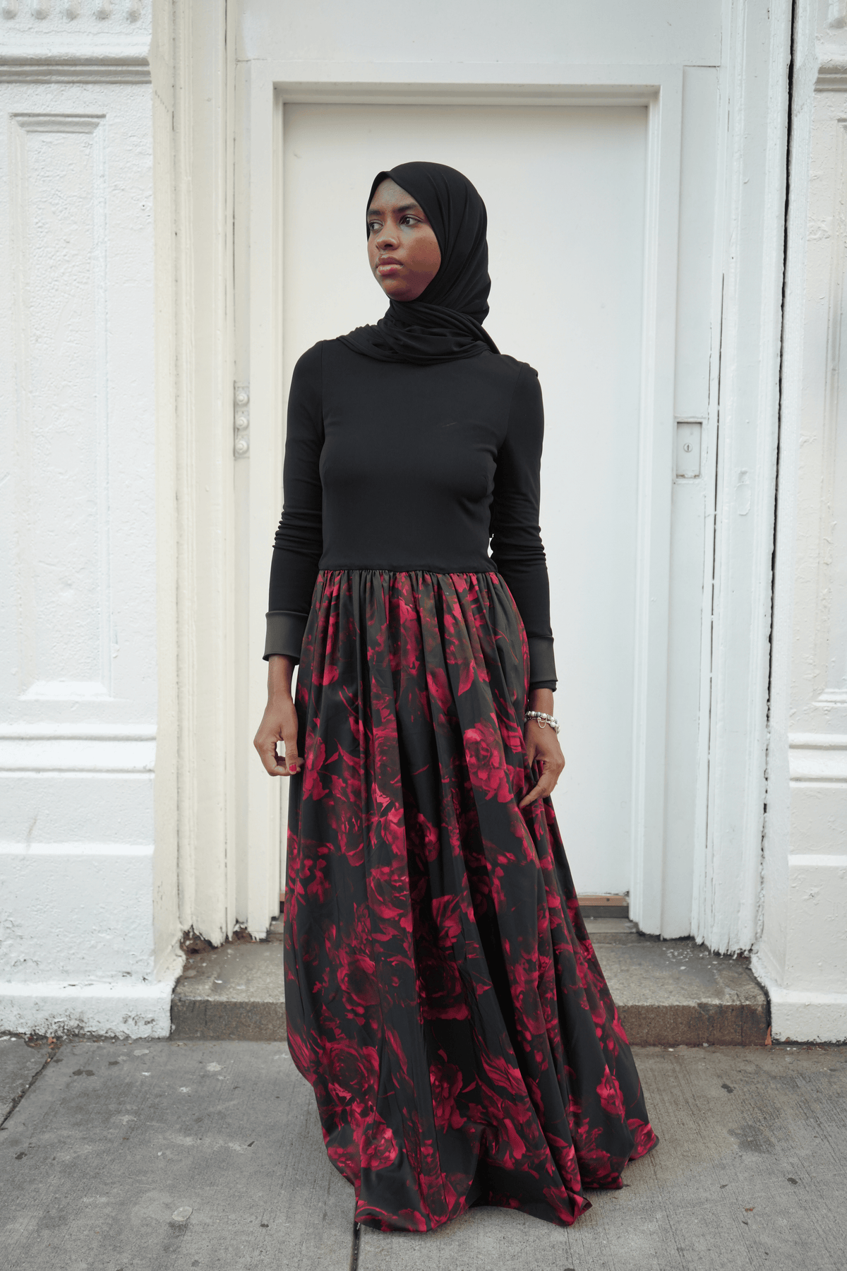 Black Long Sleeve Maxi Dress with Red Floral Silk Skirt
