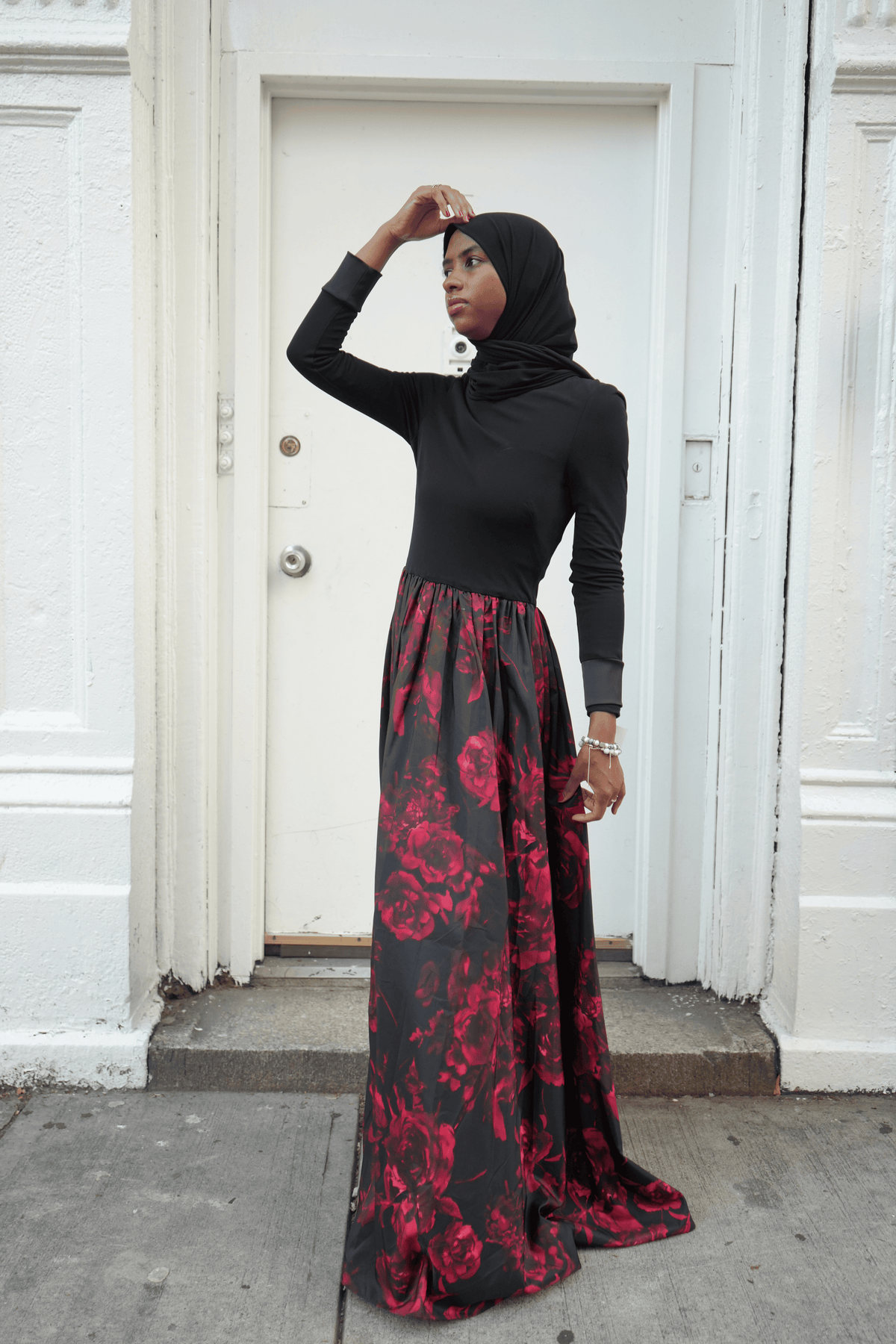 Black Long Sleeve Maxi Dress with Red Floral Silk Skirt