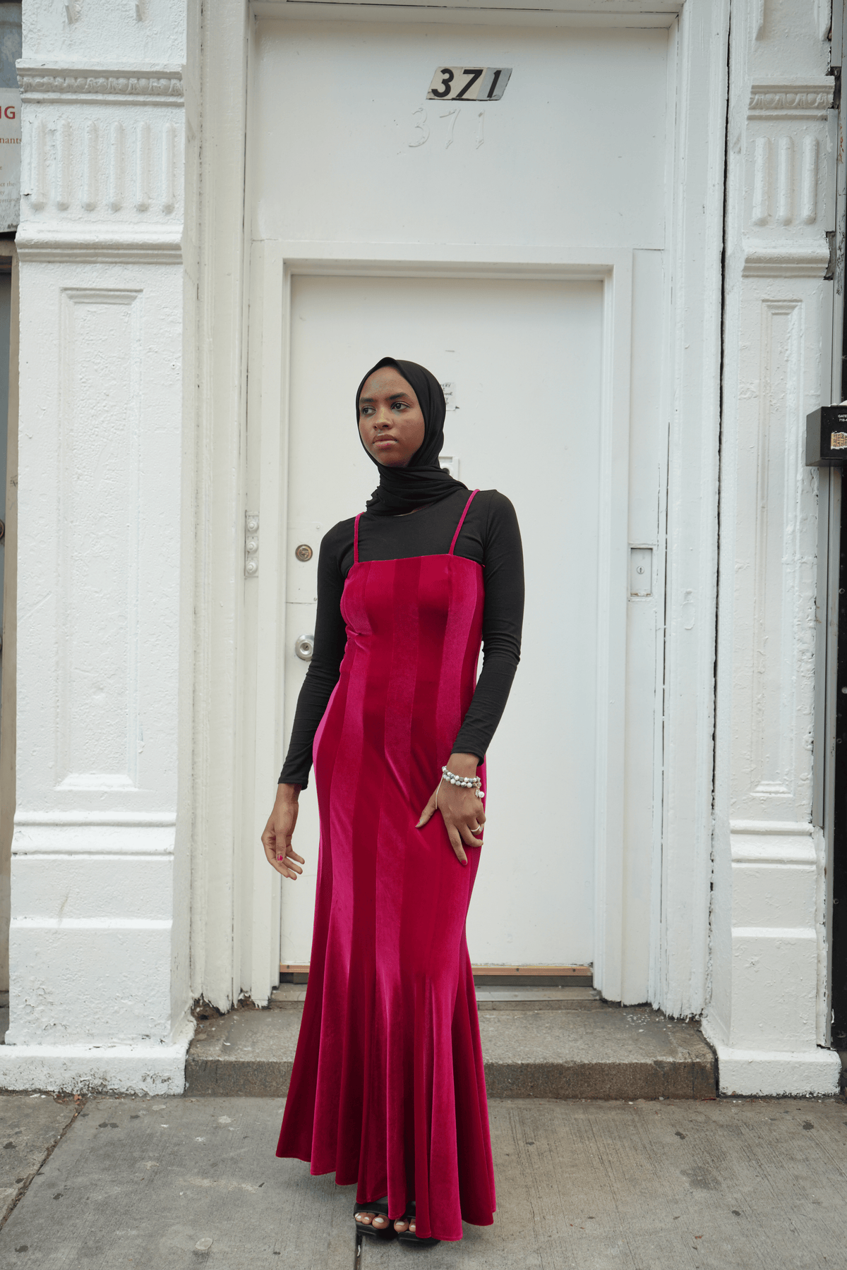 Magenta Velvet Panel Slip Maxi Dress