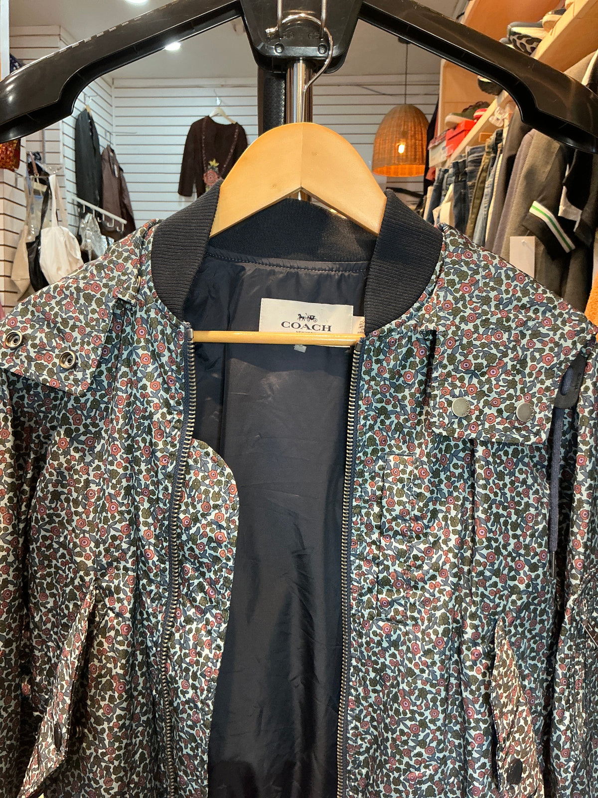 Vintage Coach Floral Hooded Bomber Jacket