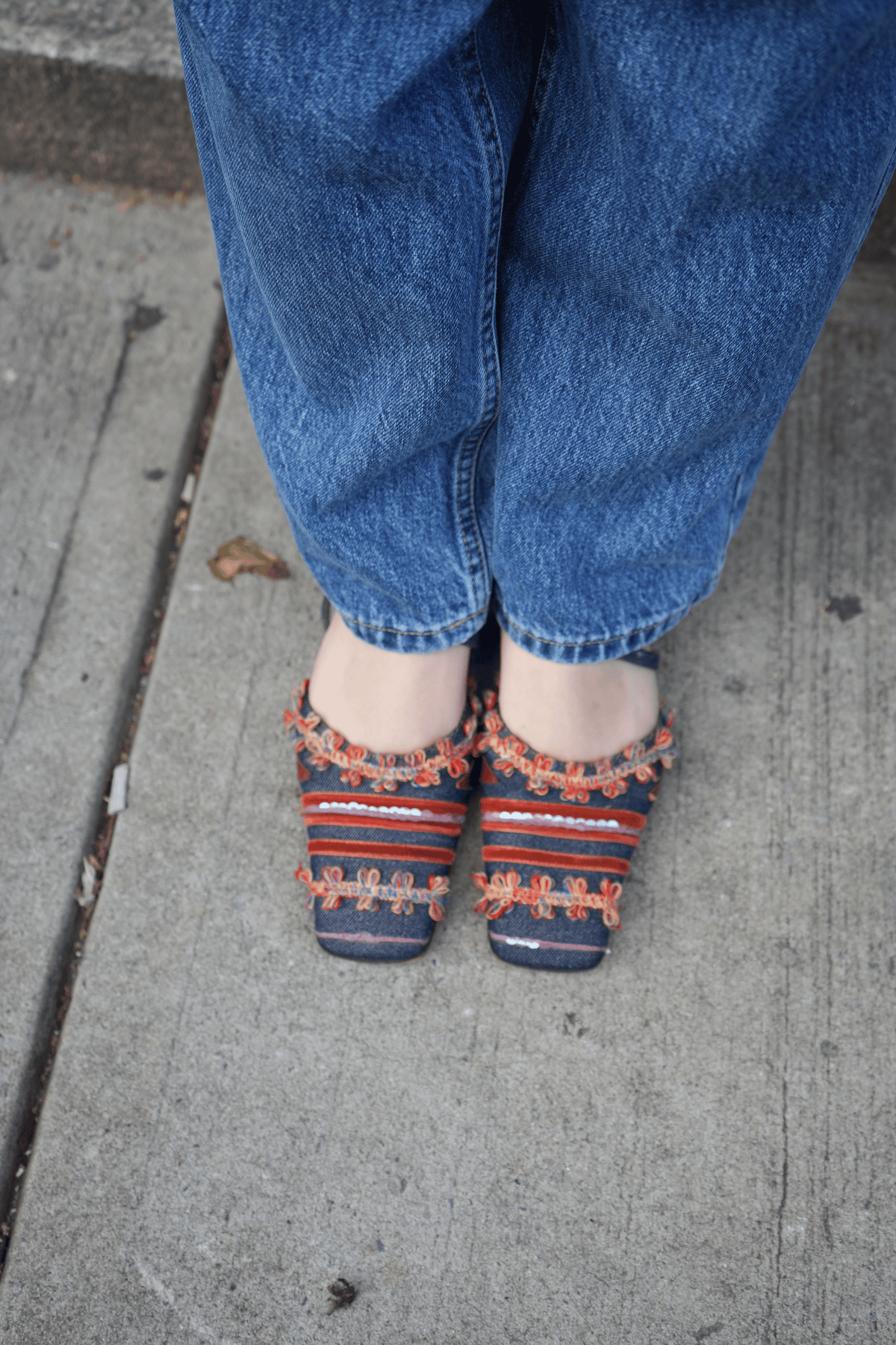 Boho Embroidered Denim Square-Toe Mules