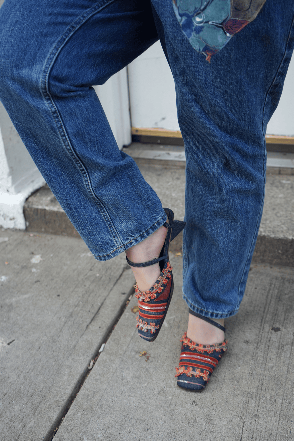 Boho Embroidered Denim Square-Toe Mules
