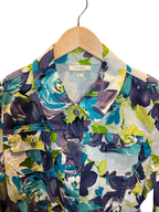 Modify Thrift Dressbarn trucker jacket featuring a vibrant blue, teal, and chartreuse floral print with button pockets.