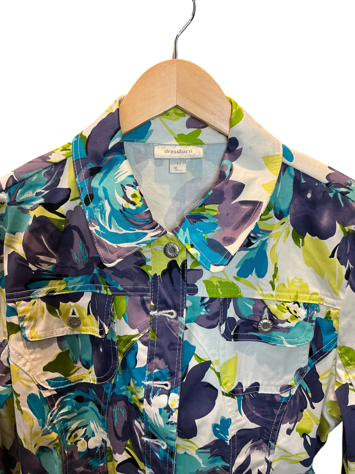 Modify Thrift Dressbarn trucker jacket featuring a vibrant blue, teal, and chartreuse floral print with button pockets.