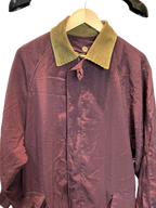 Modify Thrift Ventilo La Colline vintage plum trench coat with a tan corduroy collar and iridescent finish.
