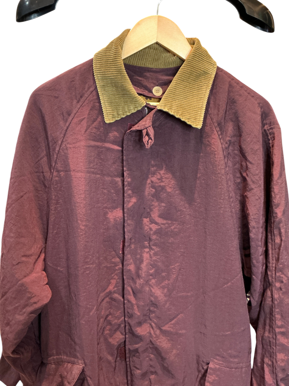Modify Thrift Ventilo La Colline vintage plum trench coat with a tan corduroy collar and iridescent finish.