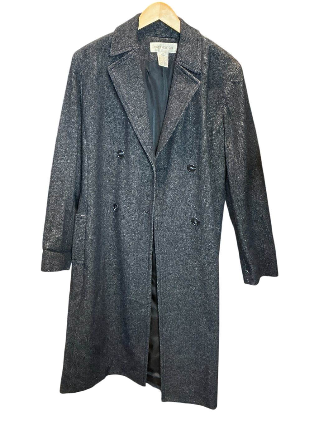 Modify Thrift vintage Jones New York charcoal grey metallic tweed double-breasted overcoat with notch lapels
