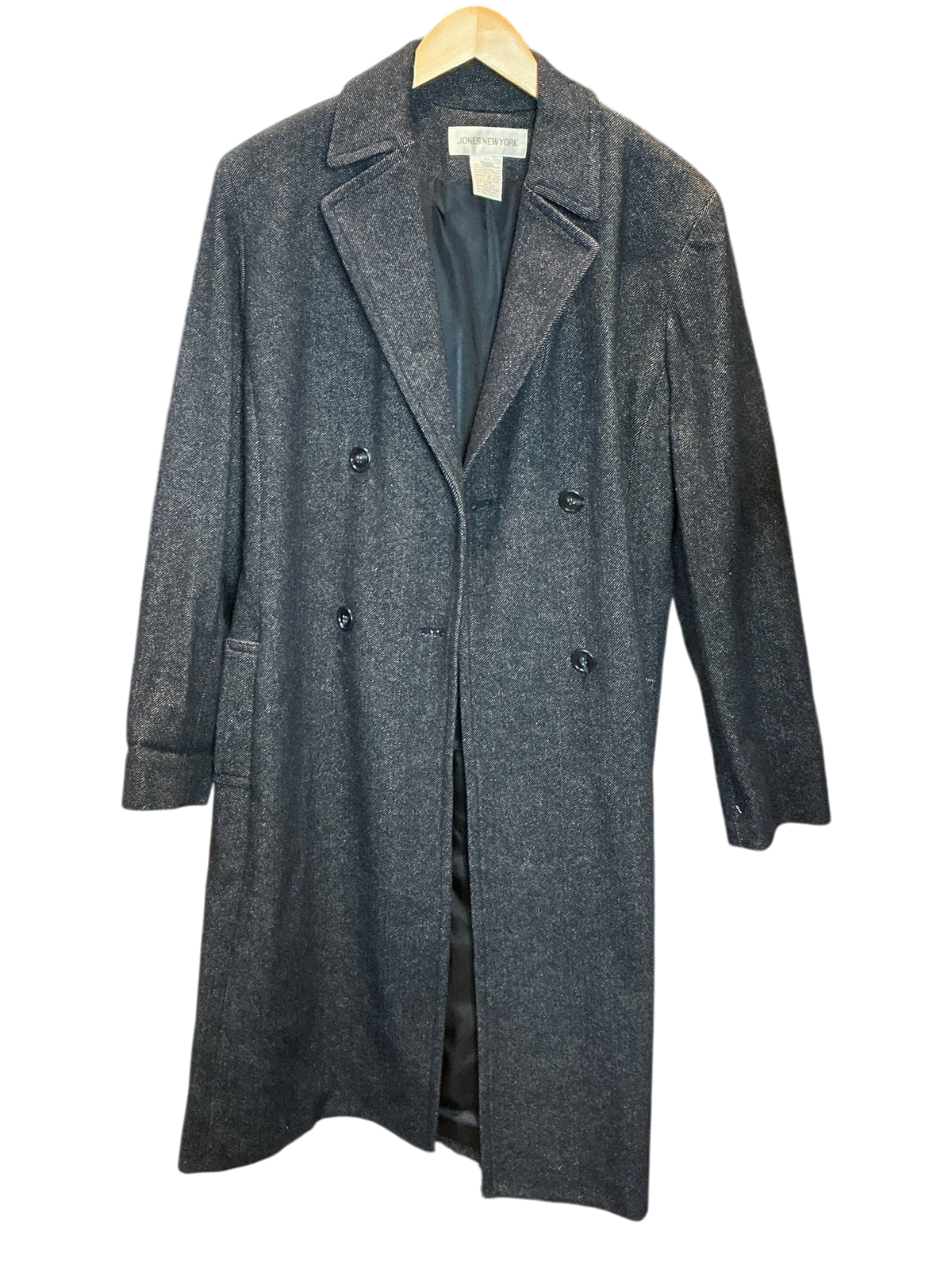 Modify Thrift vintage Jones New York charcoal grey metallic tweed double-breasted overcoat with notch lapels