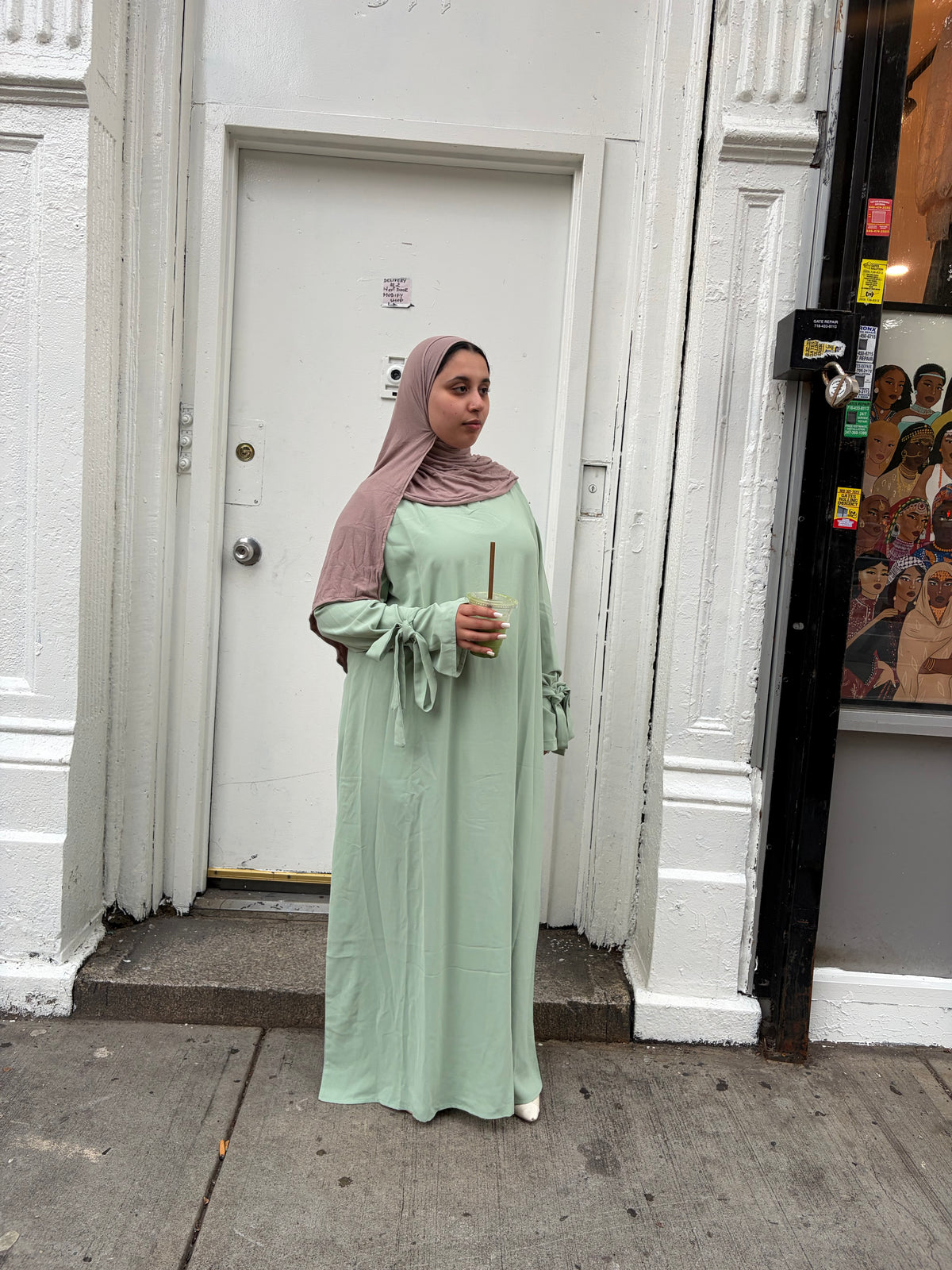 Sage Green Tie-Cuff Maxi Everyday Abaya Dress
