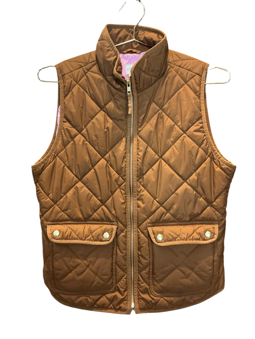 Modify Thrift J.Crew diamond-quilted excursion vest in cognac brown with gold hardware and light pink interior lining.