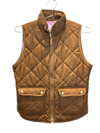 Modify Thrift J.Crew diamond-quilted excursion vest in cognac brown with gold hardware and light pink interior lining.