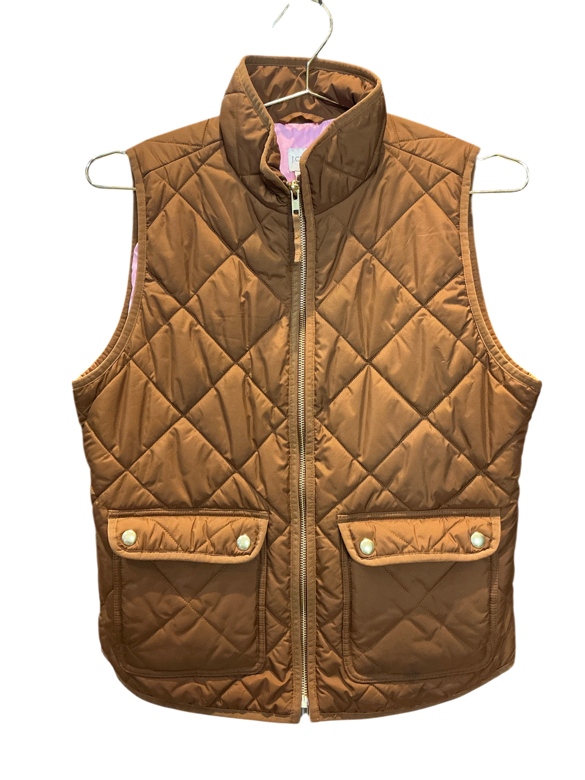 Modify Thrift J.Crew diamond-quilted excursion vest in cognac brown with gold hardware and light pink interior lining.