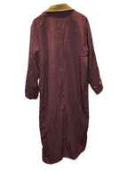 Modify Thrift Ventilo La Colline vintage plum long trench coat with tan corduroy collar hanging in a clothing store