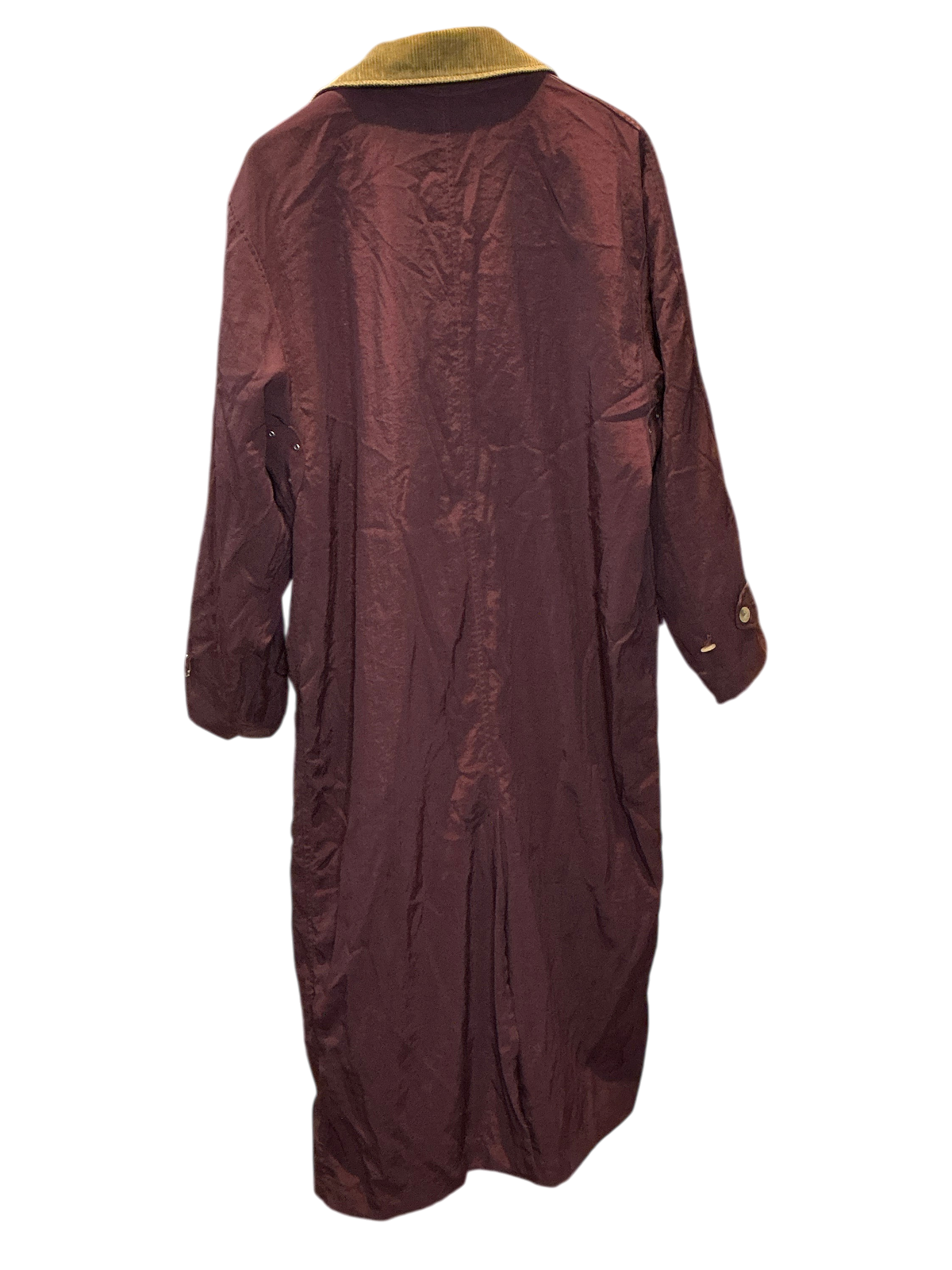 Modify Thrift Ventilo La Colline vintage plum long trench coat with tan corduroy collar hanging in a clothing store