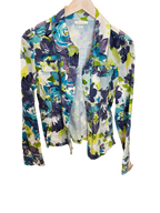 Modify Thrift Dressbarn trucker jacket featuring a vibrant blue, teal, purple, and green floral print on white.