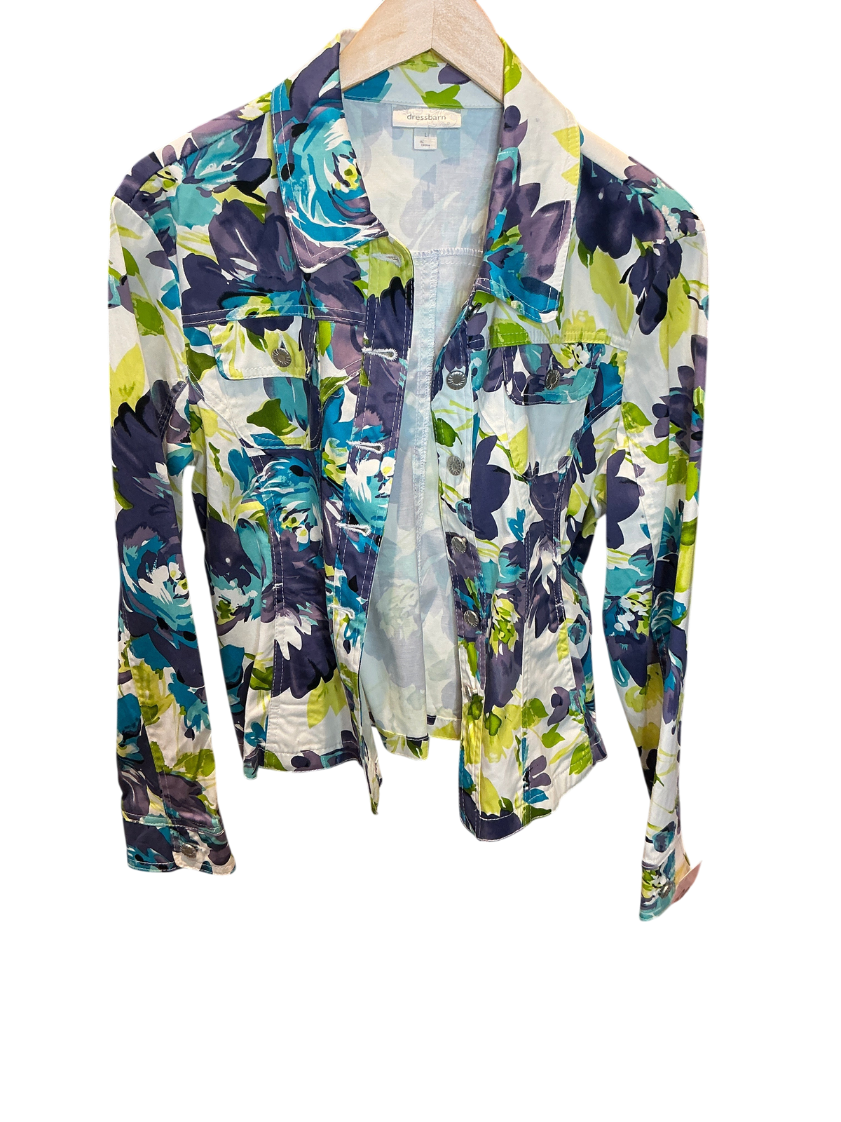 Modify Thrift Dressbarn trucker jacket featuring a vibrant blue, teal, purple, and green floral print on white.