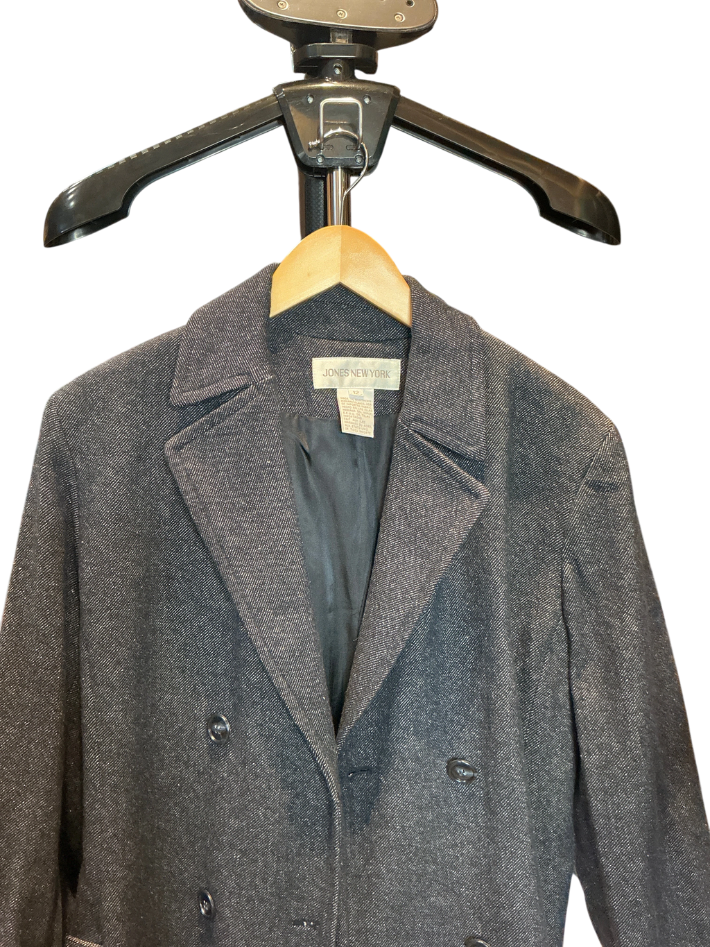 Modify Thrift vintage Jones New York charcoal grey metallic tweed double-breasted overcoat with wide notch lapels