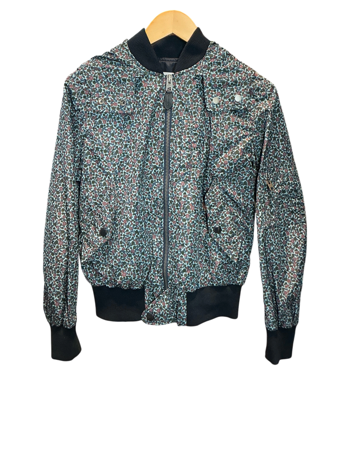 Modify Thrift vintage Coach hooded bomber jacket with a teal, pink, and olive ditsy floral print and ribbed trim.