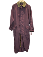 Modify Thrift Ventilo La Colline vintage plum long trench coat with a tan corduroy collar and front flap pockets.