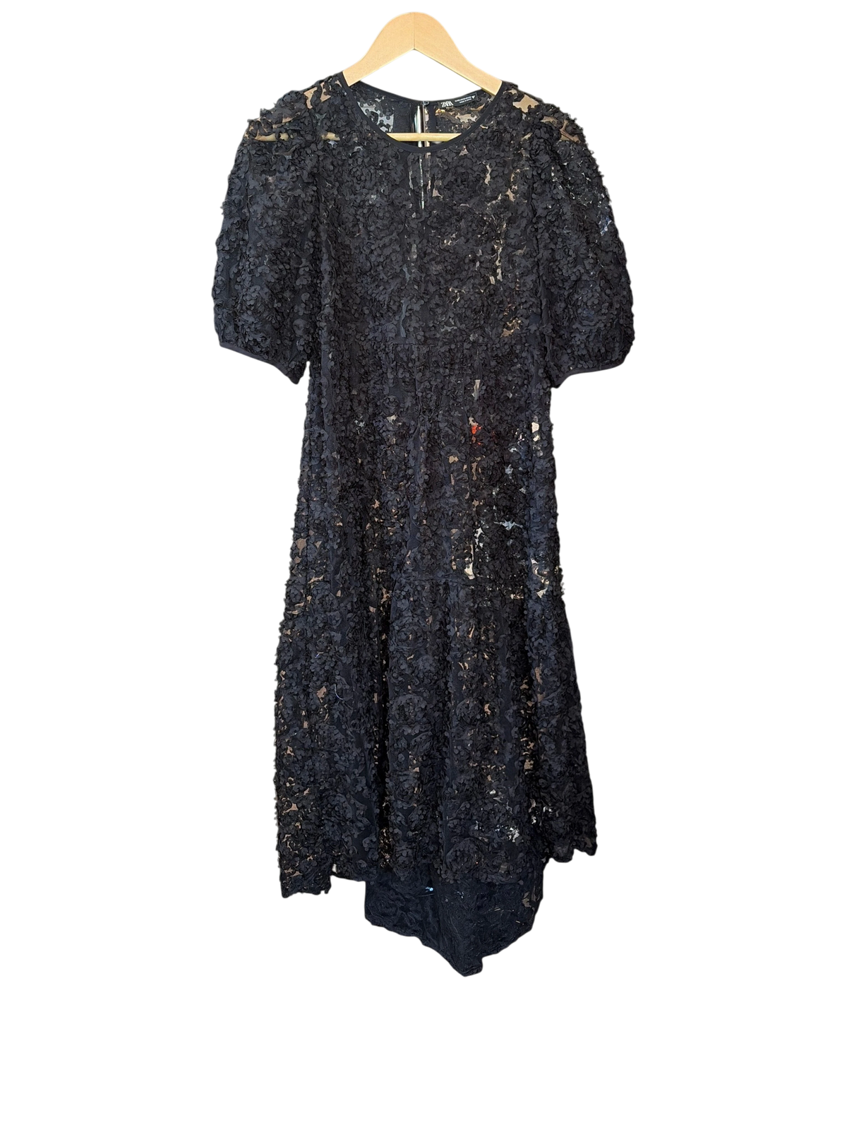 Zara Black 3D Floral Applique Textured Lace Midi Dress