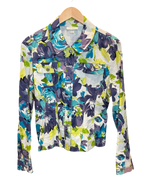 Modify Thrift Dressbarn trucker jacket with a vibrant blue, teal, and chartreuse floral print and button-front closure