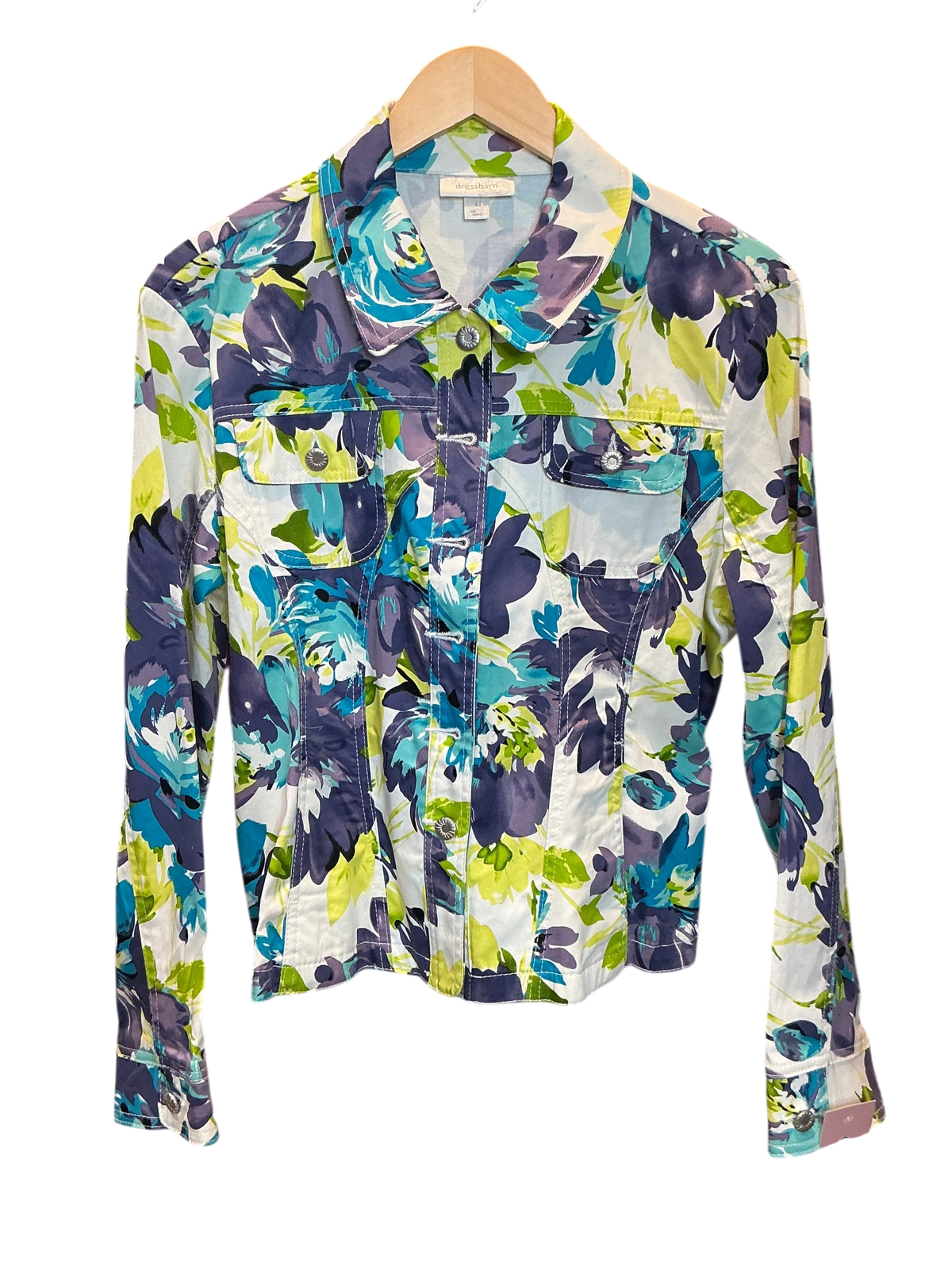 Modify Thrift Dressbarn trucker jacket with a vibrant blue, teal, and chartreuse floral print and button-front closure