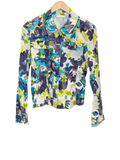 Modify Thrift Dressbarn floral trucker jacket with blue, teal, and green print, button front, and chest pockets.
