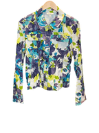 Modify Thrift Dressbarn floral trucker jacket with blue, teal, and green print, button front, and chest pockets.