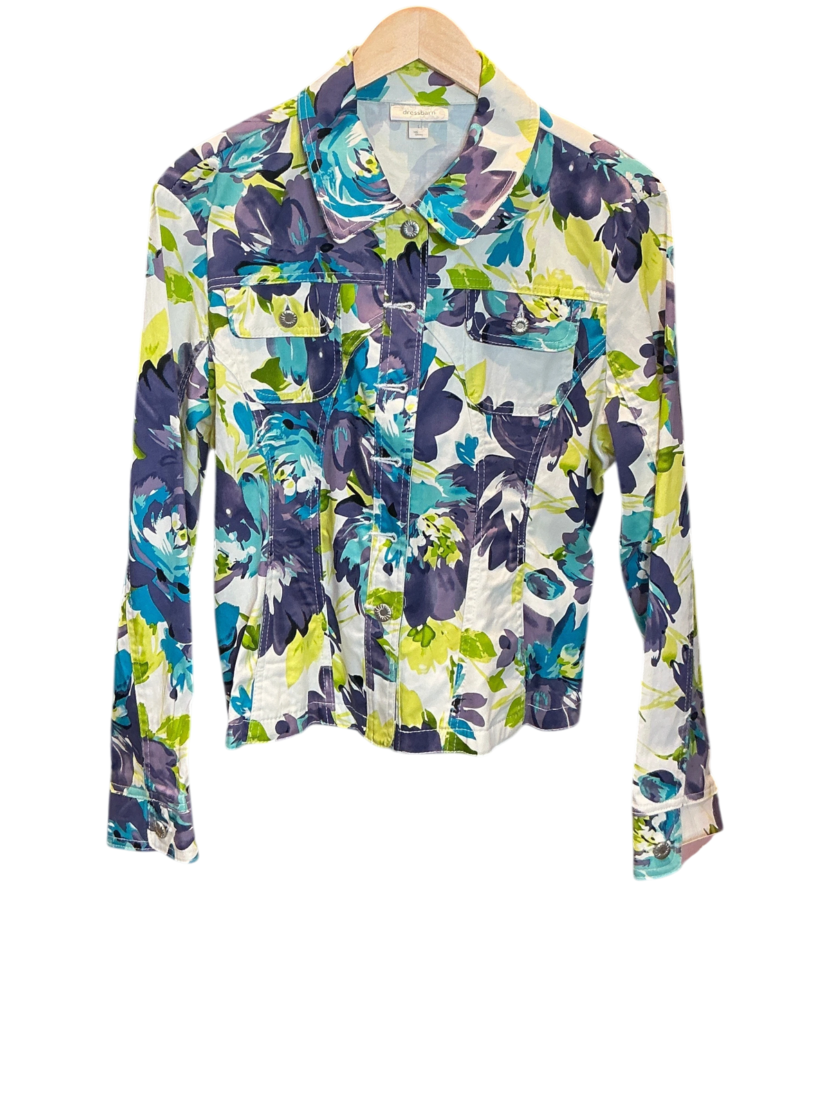 Modify Thrift Dressbarn floral trucker jacket with blue, teal, and green print, button front, and chest pockets.