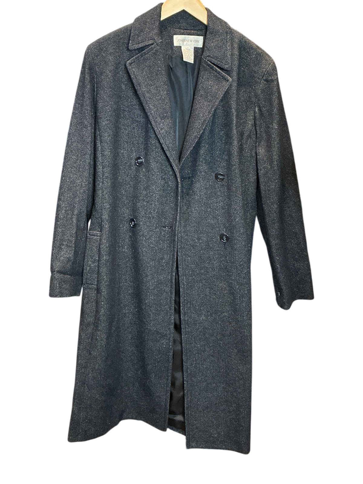 Modify Thrift vintage Jones New York charcoal grey metallic tweed double-breasted overcoat with notch lapels