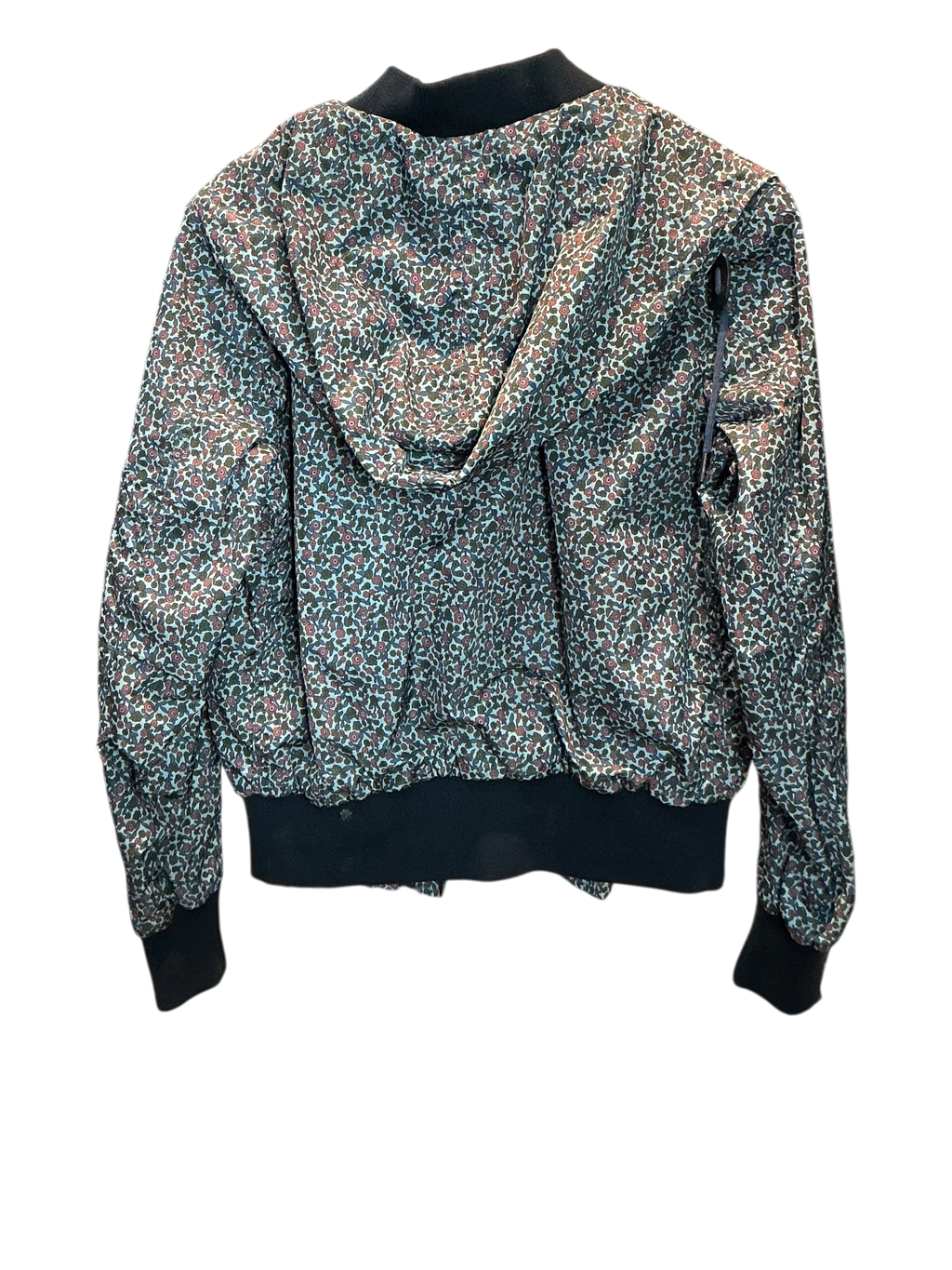 Modify Thrift vintage Coach hooded bomber jacket with a teal, pink, and olive ditsy floral print and dark ribbed trim.