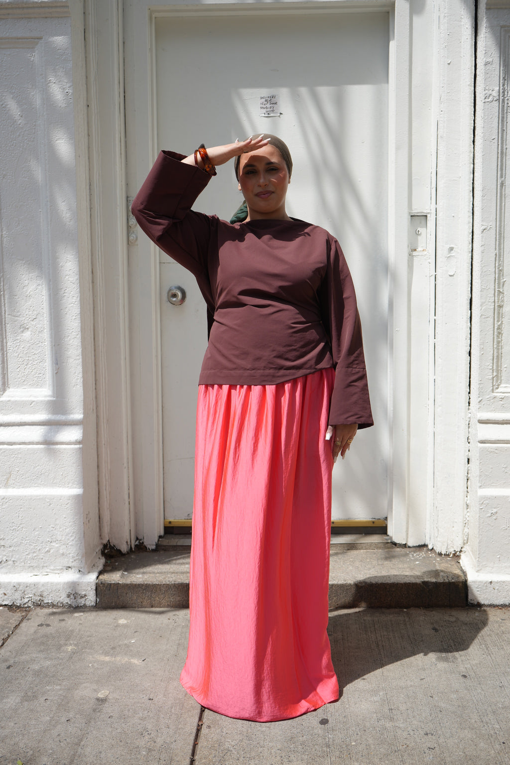 Coral Pink Crinkle Satin Maxi Skirt