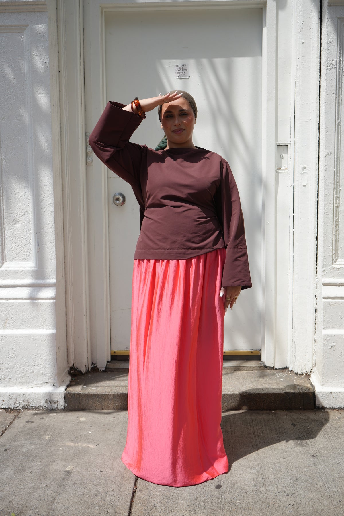 Coral Pink Crinkle Satin Maxi Skirt