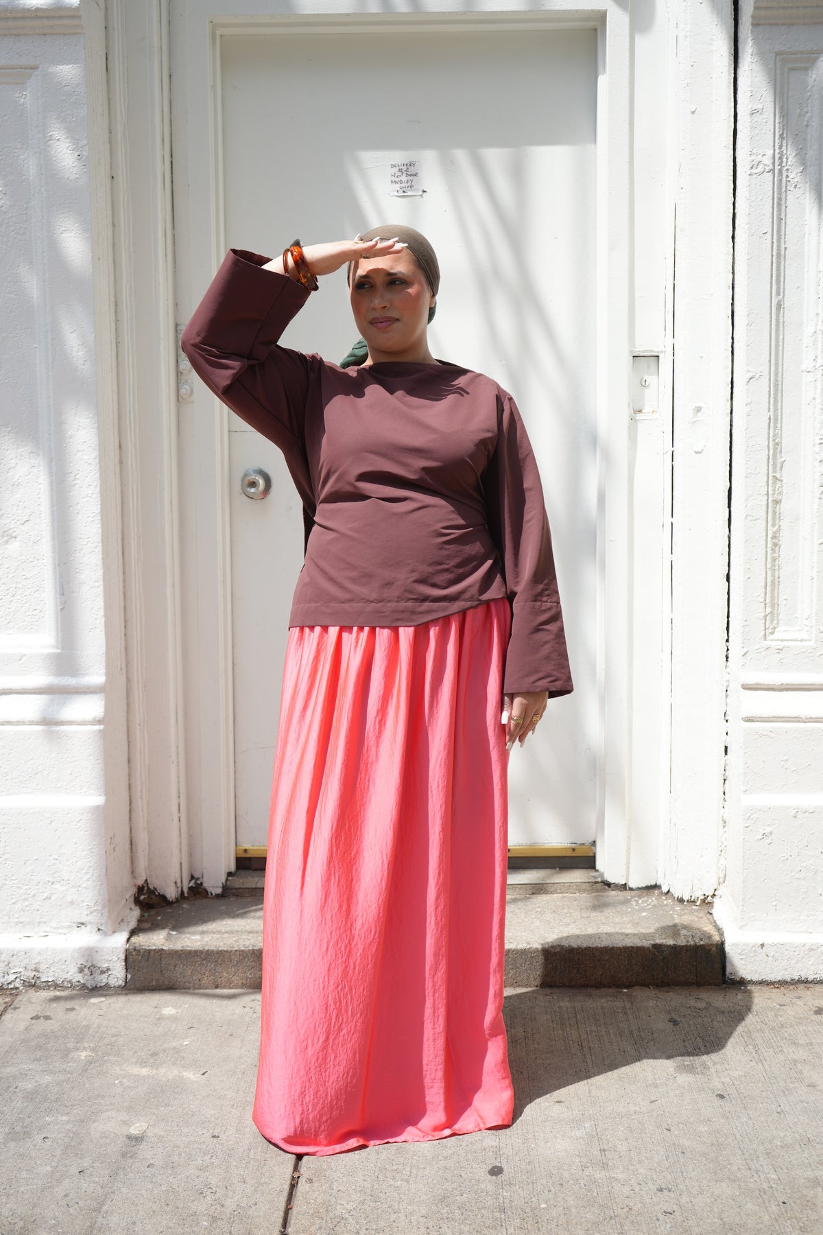 Coral Pink Crinkle Satin Maxi Skirt