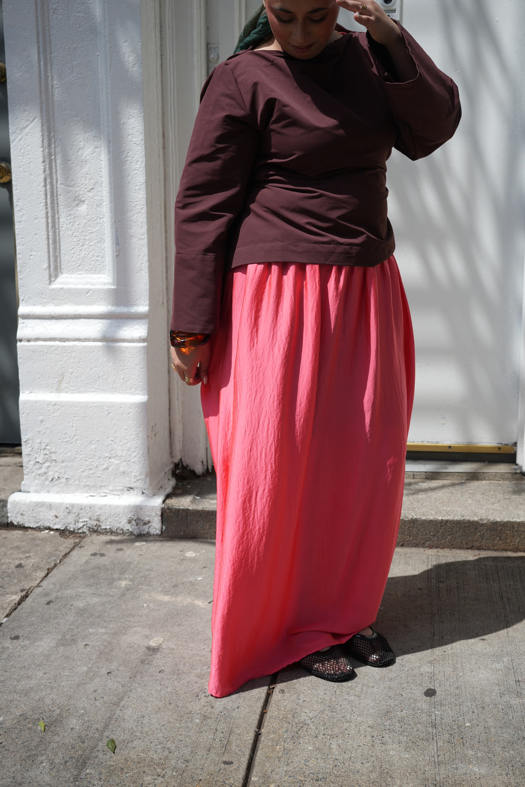 Coral Pink Crinkle Satin Maxi Skirt
