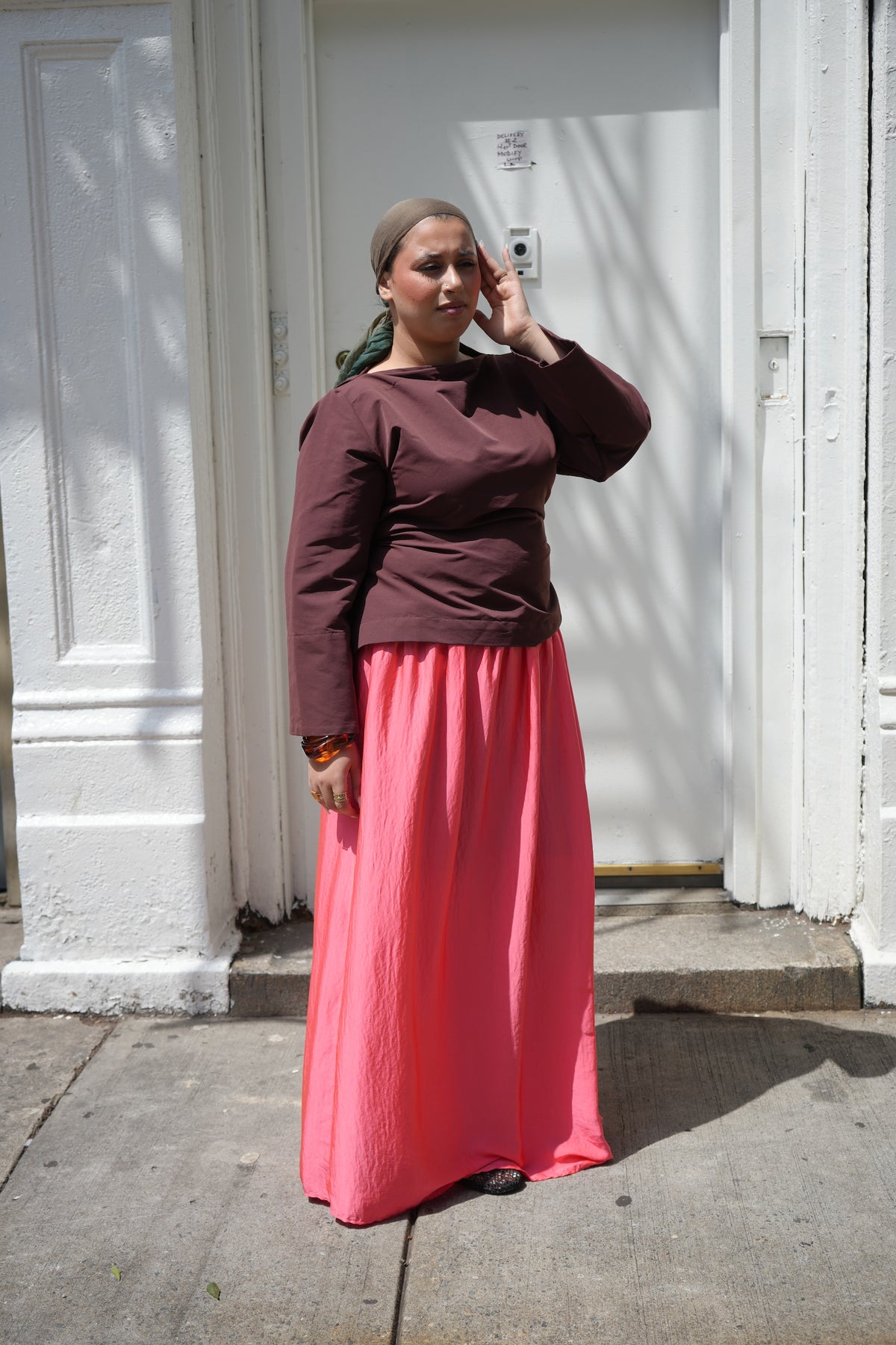Coral Pink Crinkle Satin Maxi Skirt