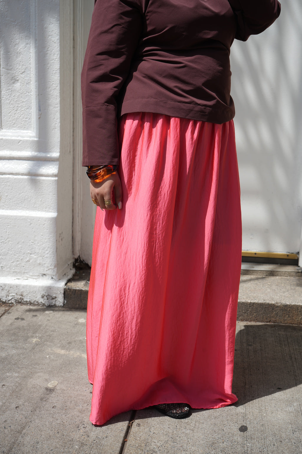 Coral Pink Crinkle Satin Maxi Skirt